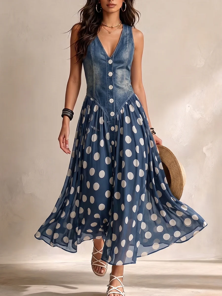 Claire | Robe Longue Denim à Pois