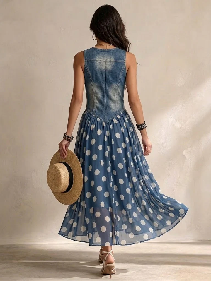 Claire | Robe Longue Denim à Pois