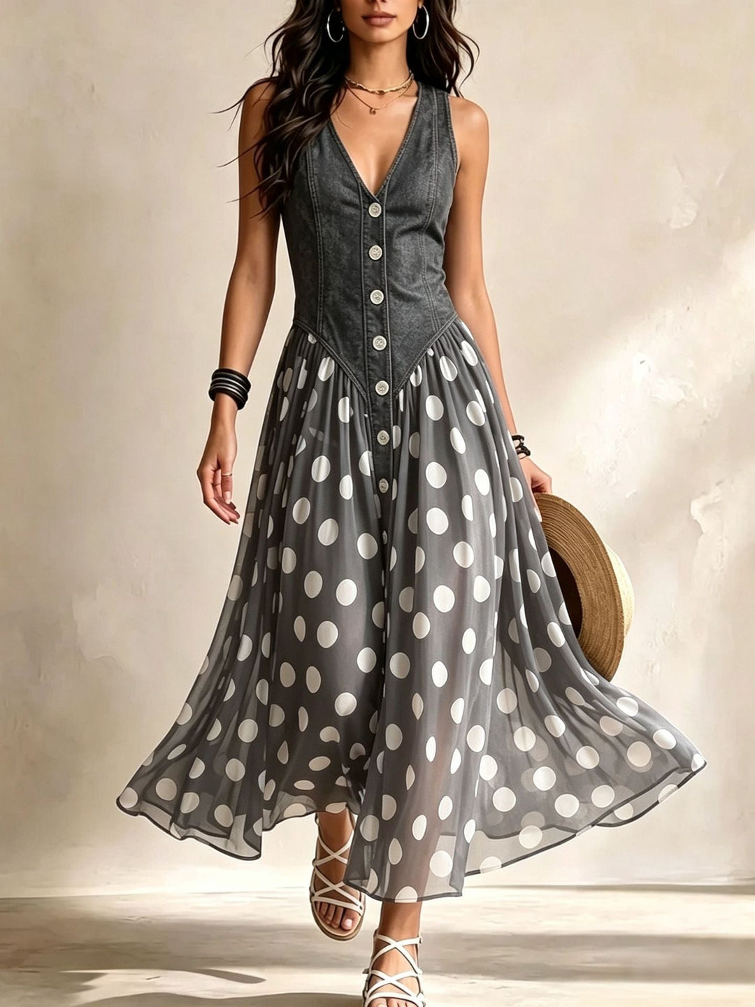 Claire | Robe Longue Denim à Pois