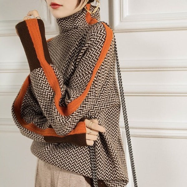 Clémence® | Pull Col Roulé à Rayures Contrastées