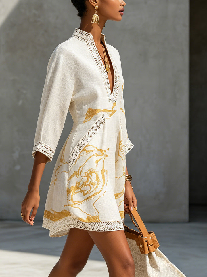 Margaux | Robe Mini en Dentelle Crochetée Ivoire à Motifs Dorés