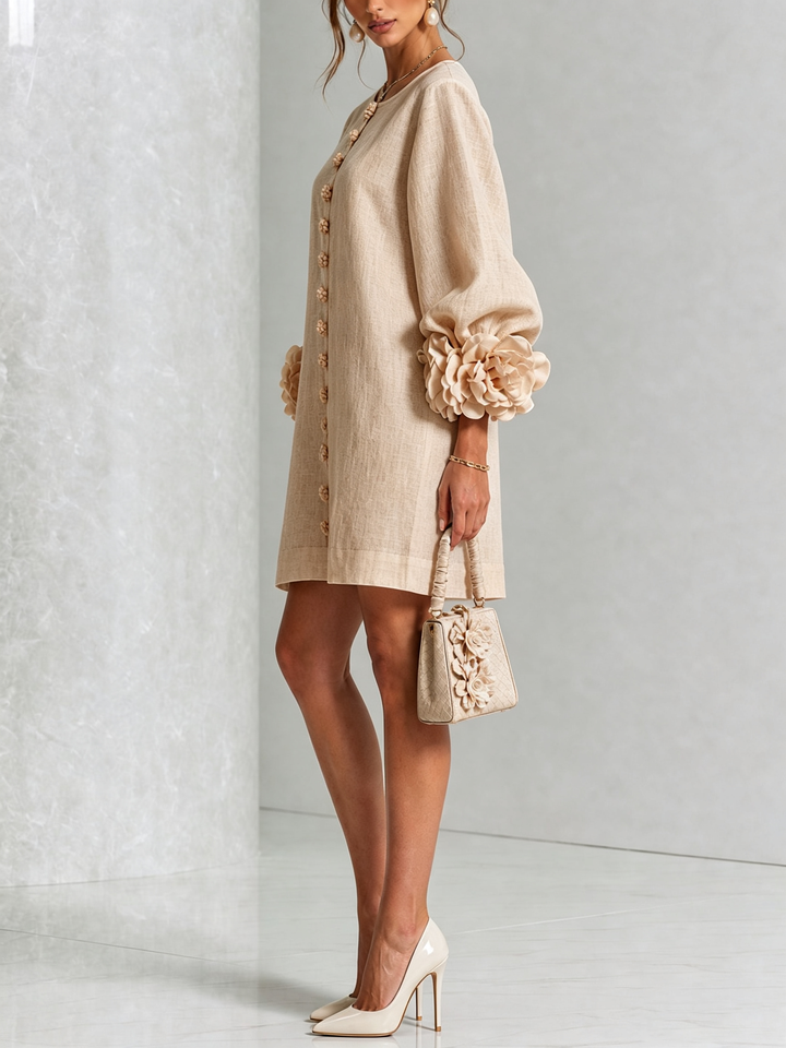 Madeleine | Robe Mini Boutonnée Florale Blanche à Manches Fleuries
