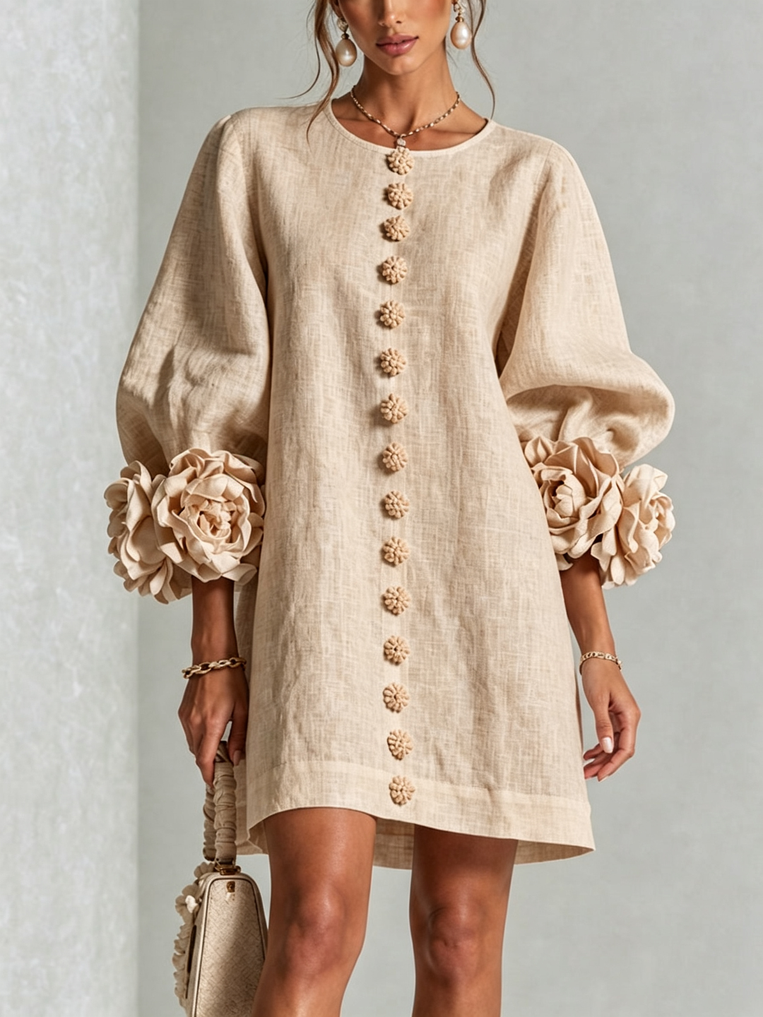 Madeleine | Robe Mini Boutonnée Florale Blanche à Manches Fleuries