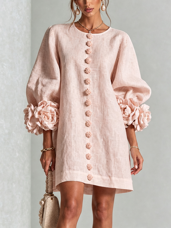 Madeleine | Robe Mini Boutonnée Florale Blanche à Manches Fleuries