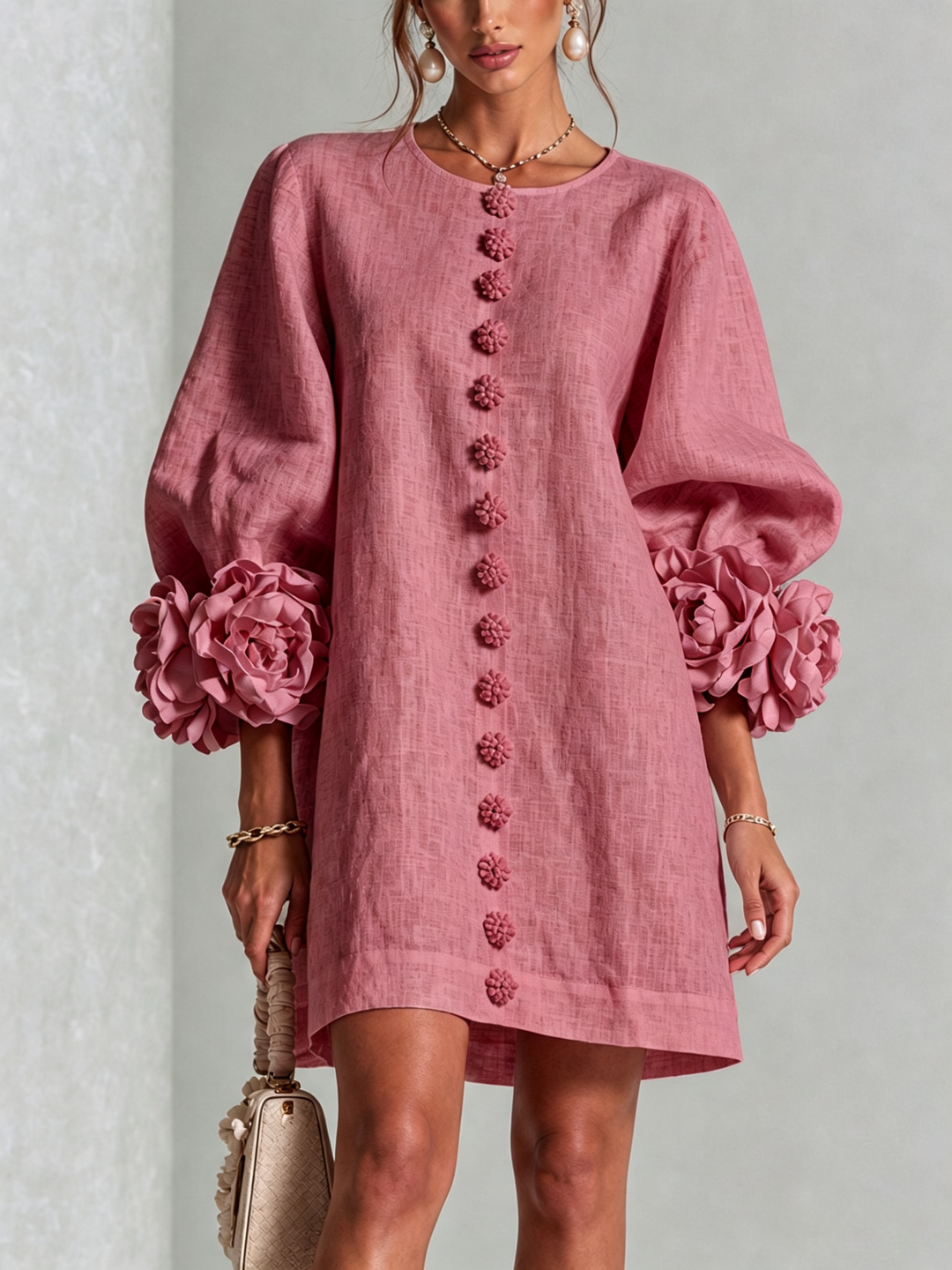 Madeleine | Robe Mini Boutonnée Florale Blanche à Manches Fleuries