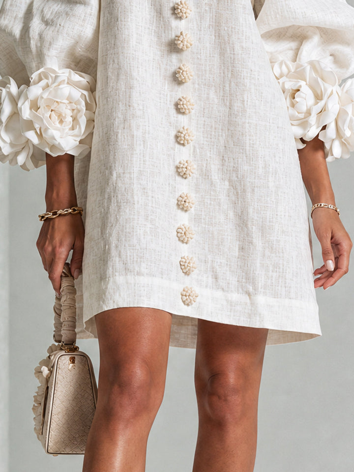 Madeleine | Robe Mini Boutonnée Florale Blanche à Manches Fleuries
