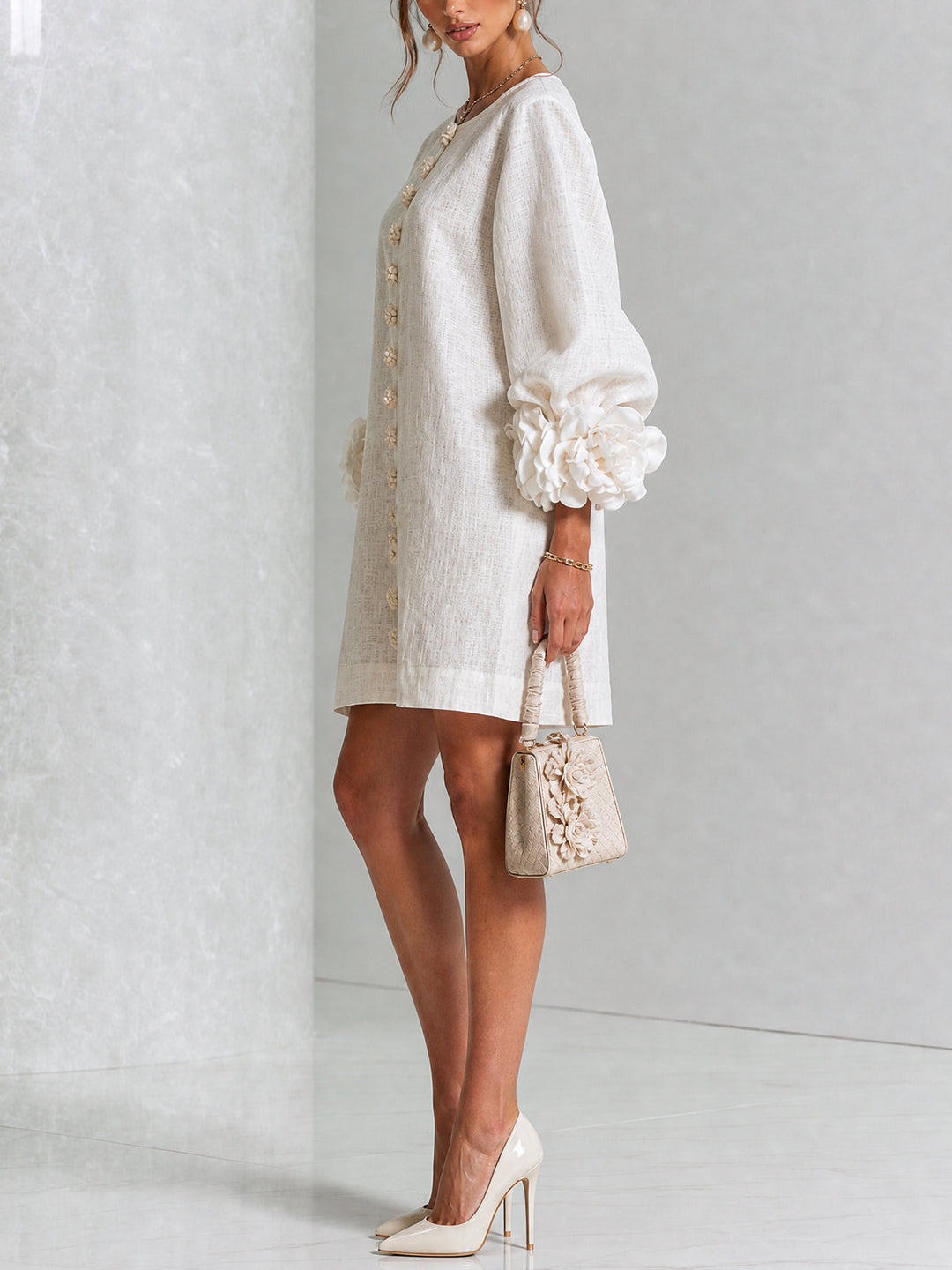 Madeleine | Robe Mini Boutonnée Florale Blanche à Manches Fleuries