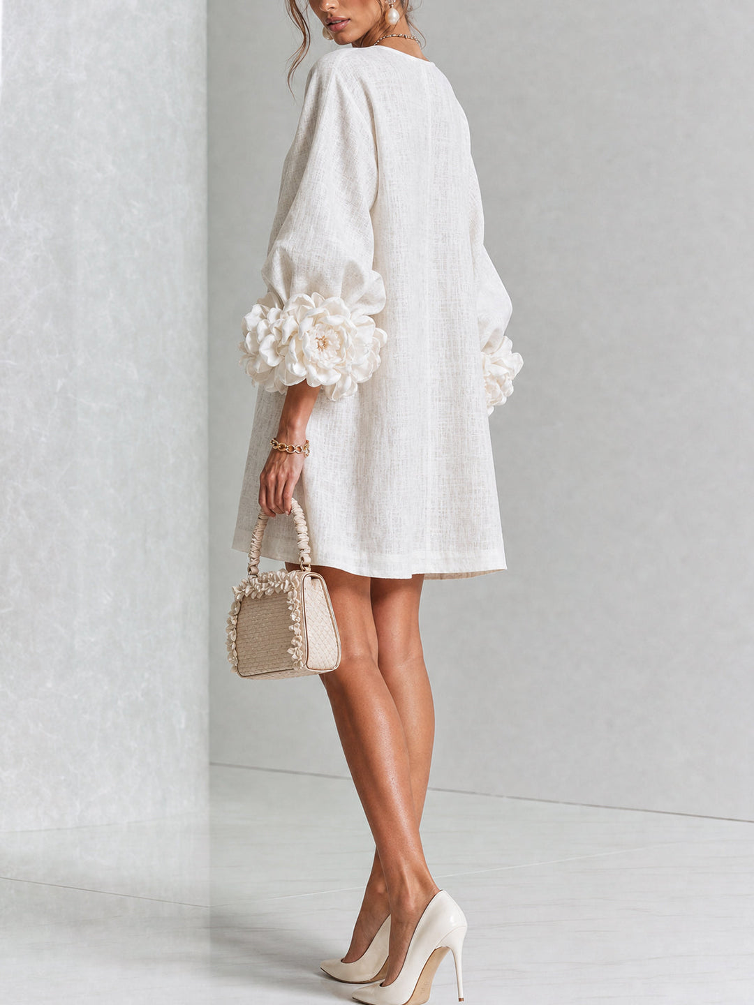 Madeleine | Robe Mini Boutonnée Florale Blanche à Manches Fleuries