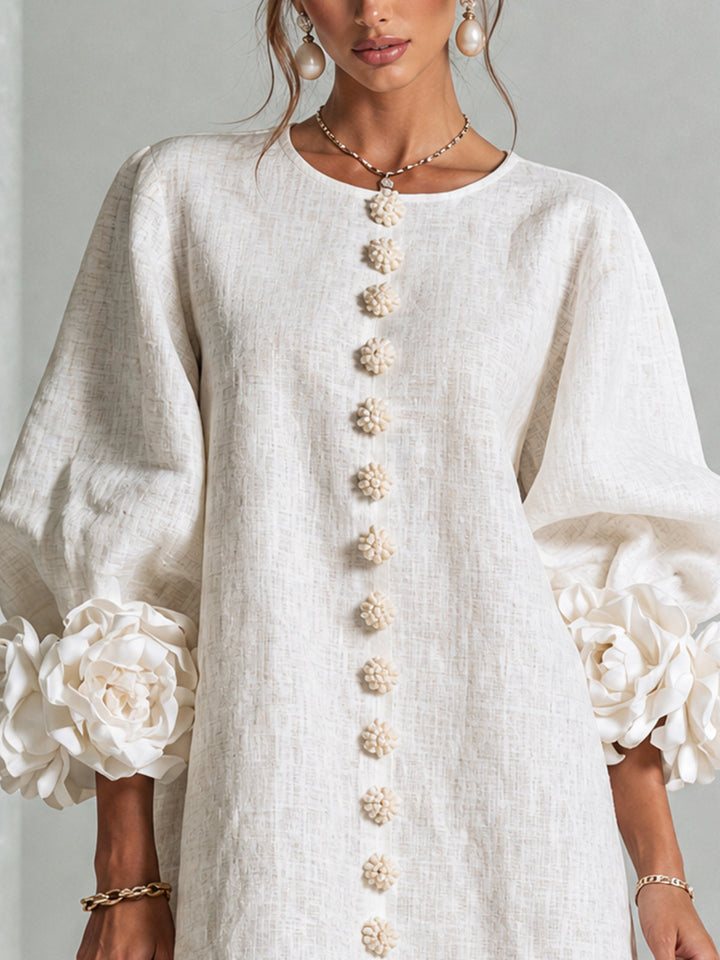 Madeleine | Robe Mini Boutonnée Florale Blanche à Manches Fleuries