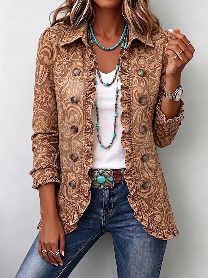 Éva | Veste Bohème Fleurie Vintage Marron à Volants