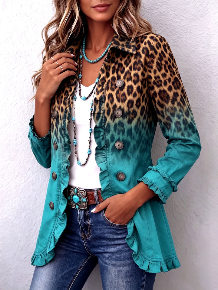 Céline | Blazer Léopard Dégradé Turquoise à Volants