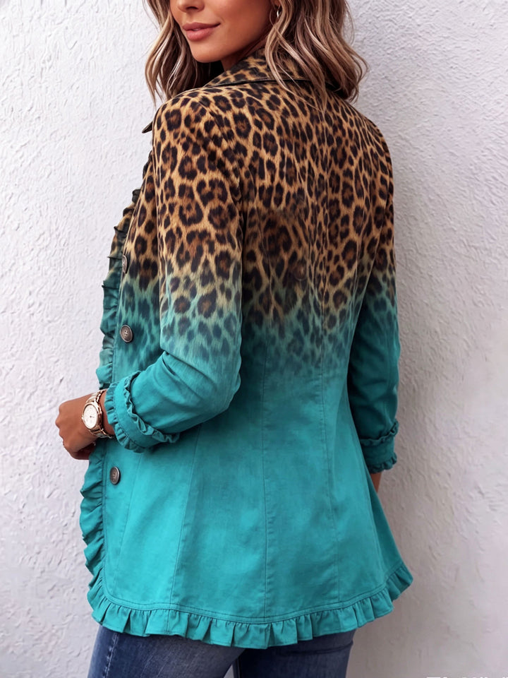 Céline | Blazer Léopard Dégradé Turquoise à Volants