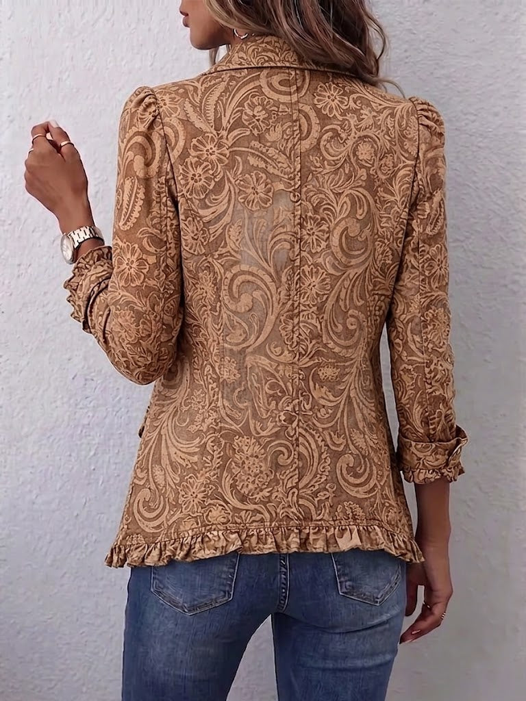 Éva | Veste Bohème Fleurie Vintage Marron à Volants