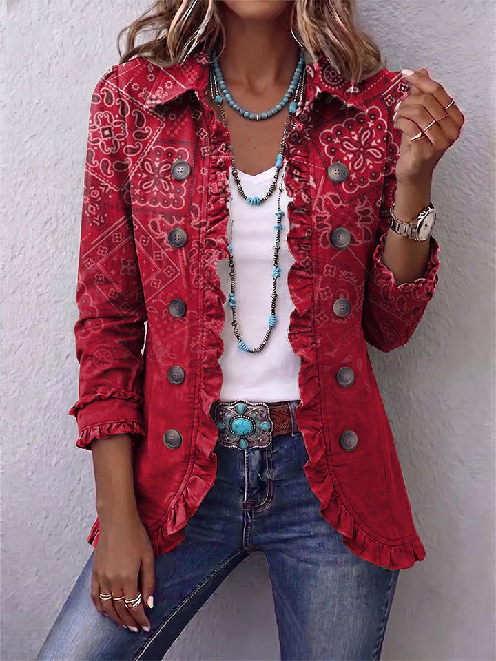 Albane | Veste Bohème Paisley Dégradé Rouge à Volants