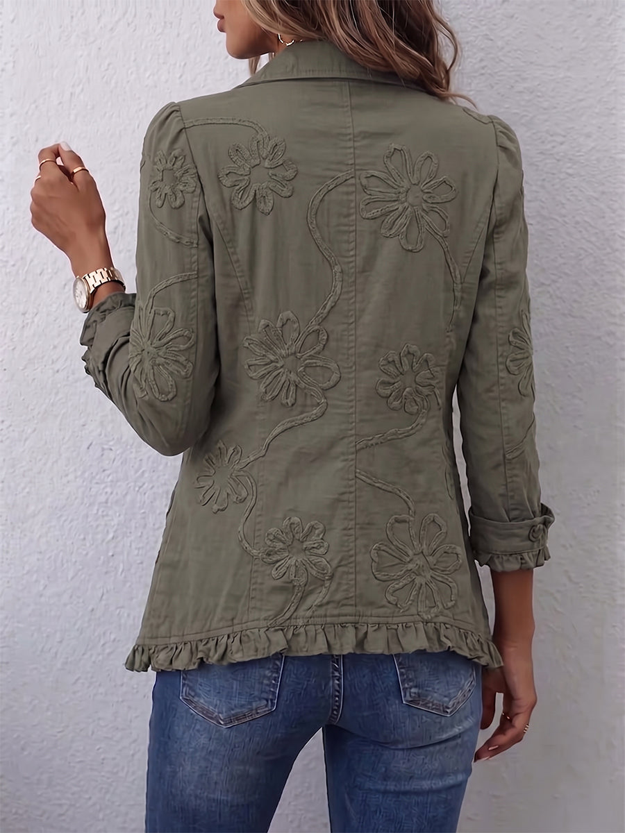 Delphine | Veste Bohème-Chic Brodée de Fleurs Vert Rétro et Finitions Froncées