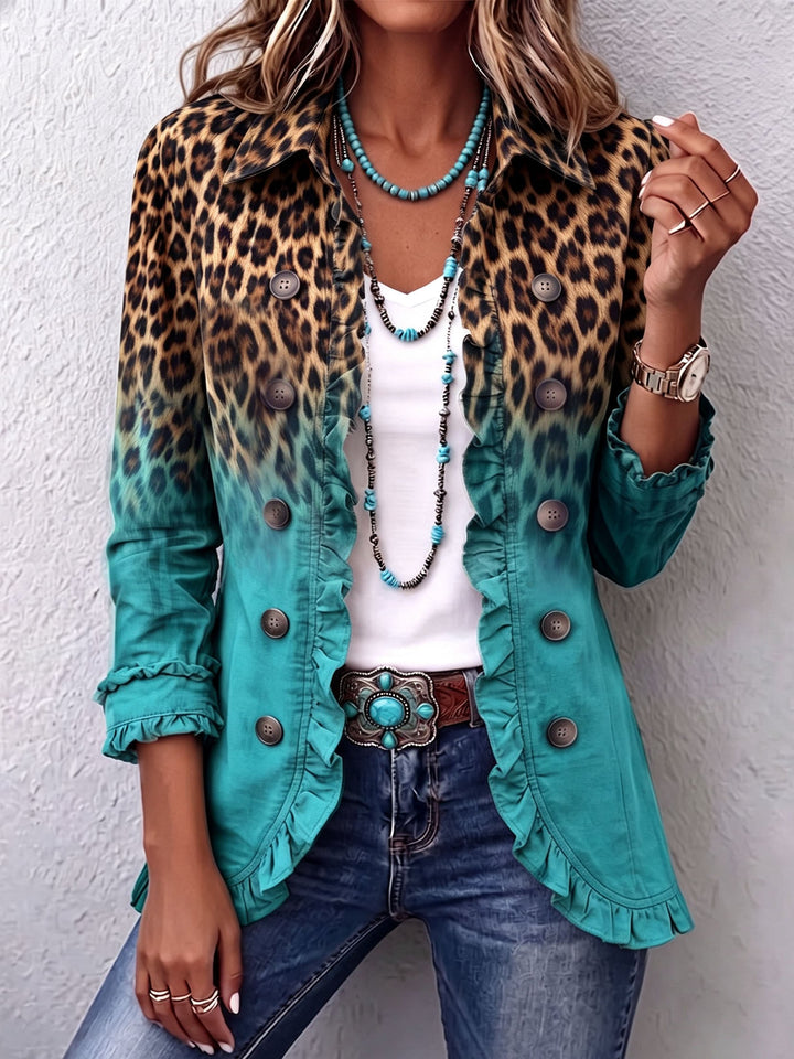 Céline | Blazer Léopard Dégradé Turquoise à Volants