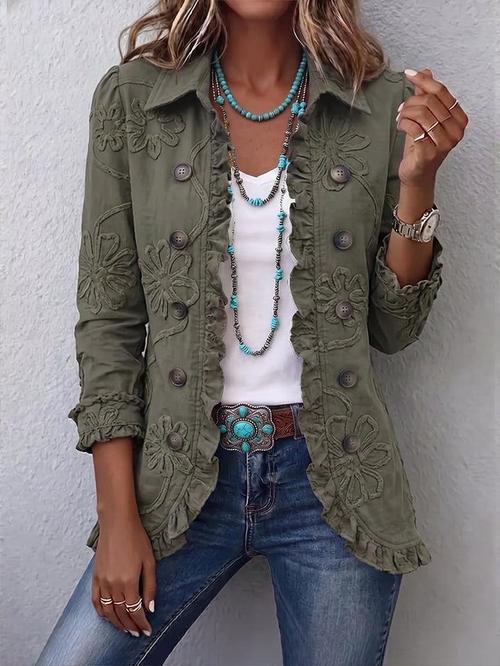 Delphine | Veste Bohème-Chic Brodée de Fleurs Vert Rétro et Finitions Froncées