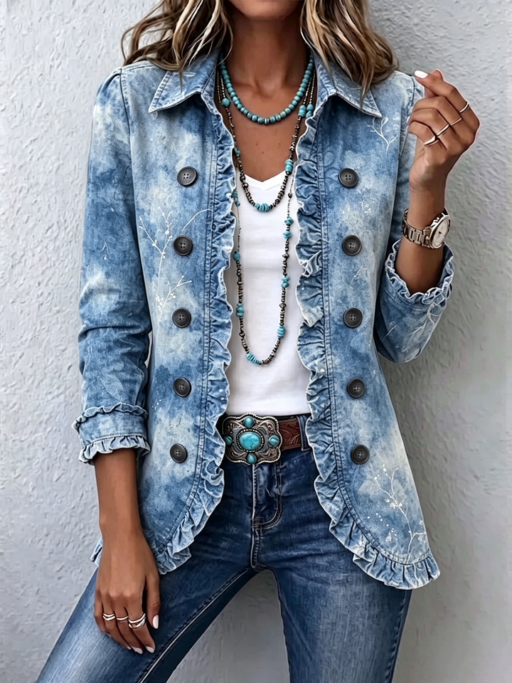 Lison | Veste Bohème Botanique Vintage Dégradée Bleu à Volants