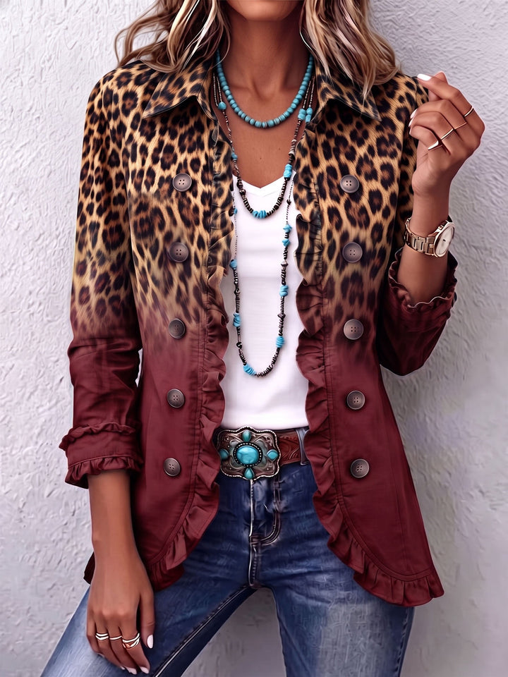 Céline | Blazer Léopard Dégradé Turquoise à Volants