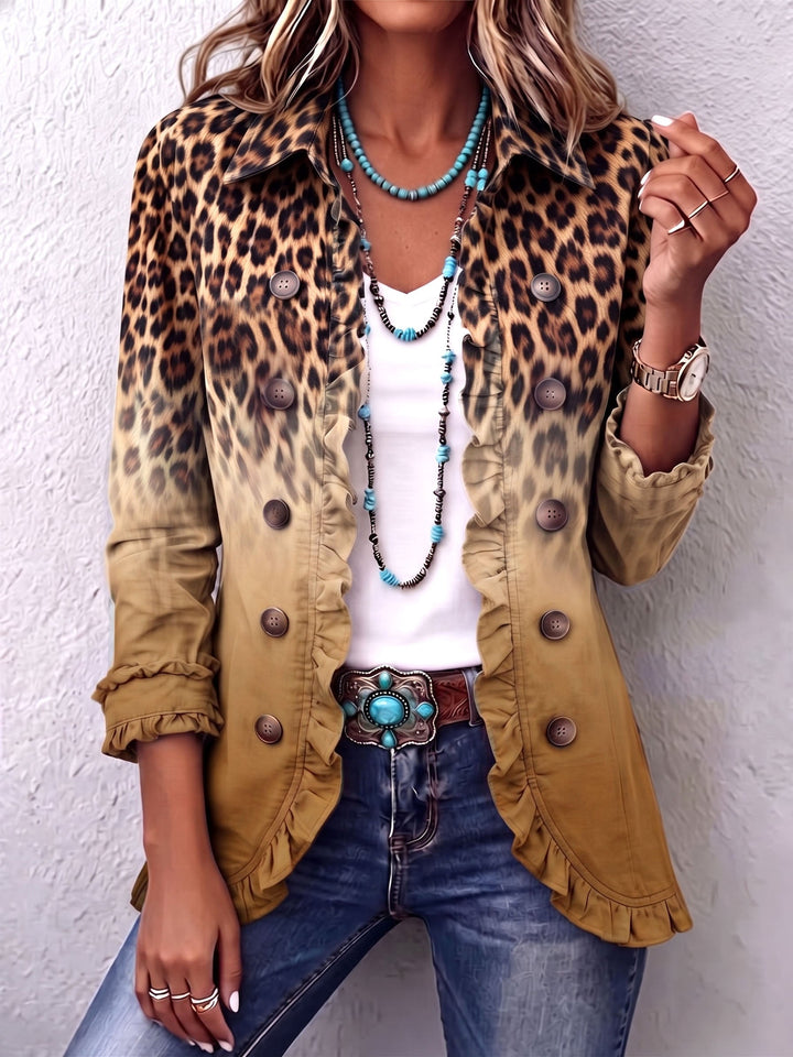 Céline | Blazer Léopard Dégradé Turquoise à Volants