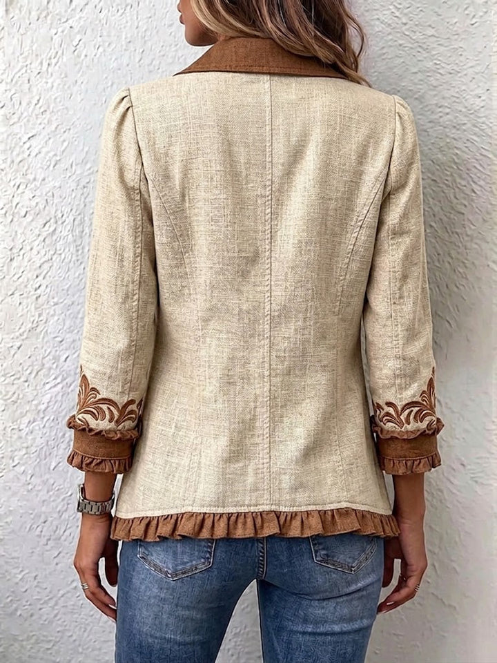 Célia | Veste Bohème Fleurie Vintage Chameau et Marron à Volants
