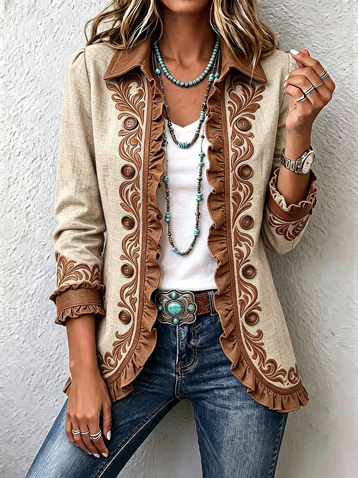 Célia | Veste Bohème Fleurie Vintage Chameau et Marron à Volants