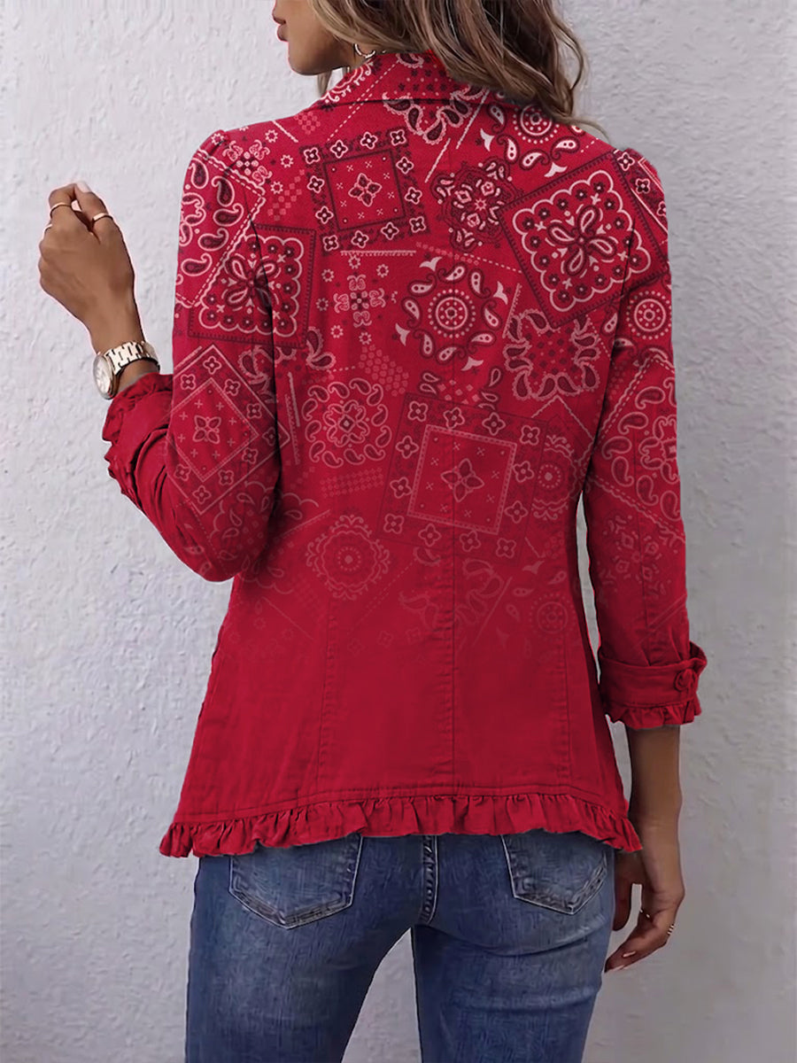 Albane | Veste Bohème Paisley Dégradé Rouge à Volants