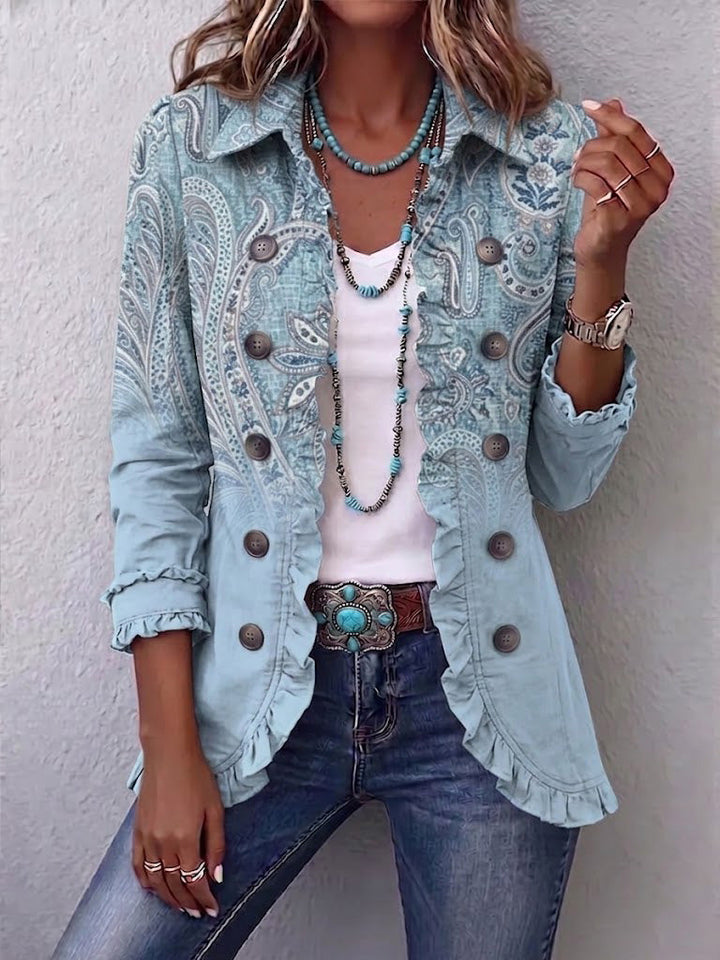 Eugénie | Veste Paisley Vintage Bleu Ciel à Volants
