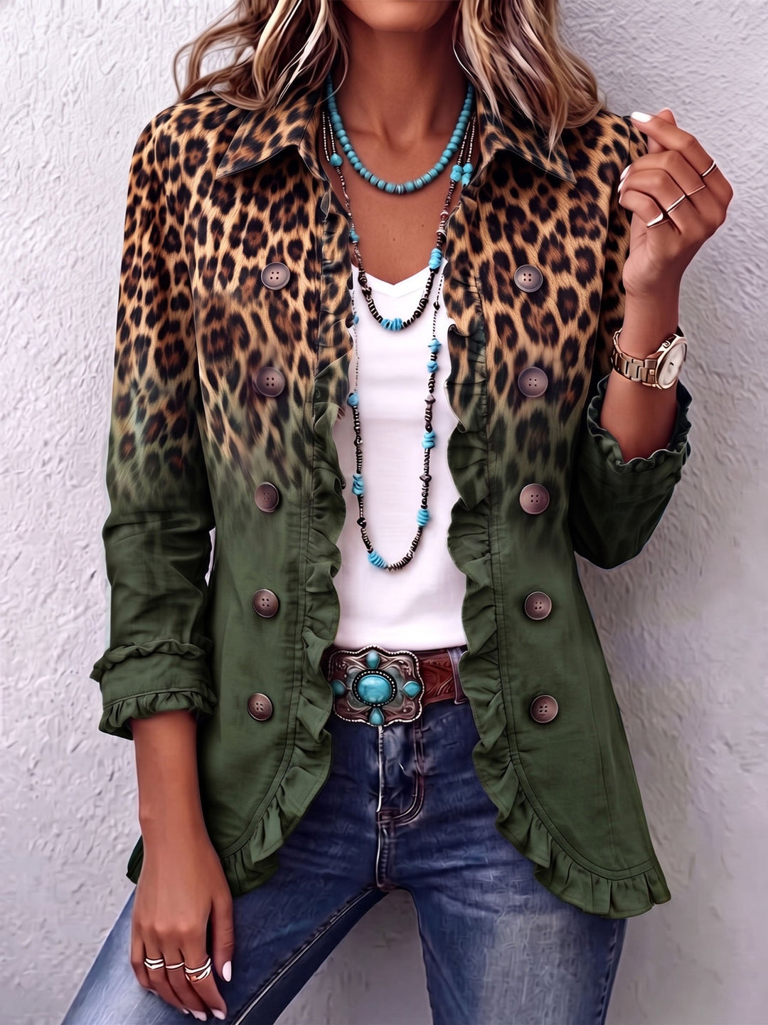 Céline | Blazer Léopard Dégradé Turquoise à Volants